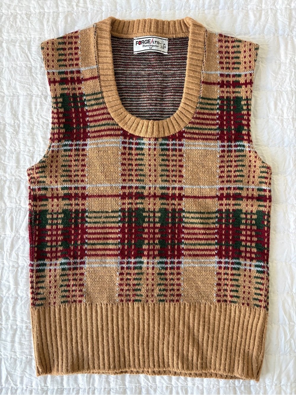 Vintage 1970’s Forge Ltd. Camel Plaid V-Neck Sweater Vest